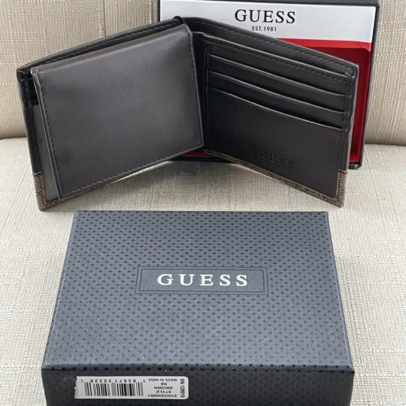 Guess Men Billfold Cardholder Brown Leather Bifold Wallet Purse New In Box - Picture 9 of 12